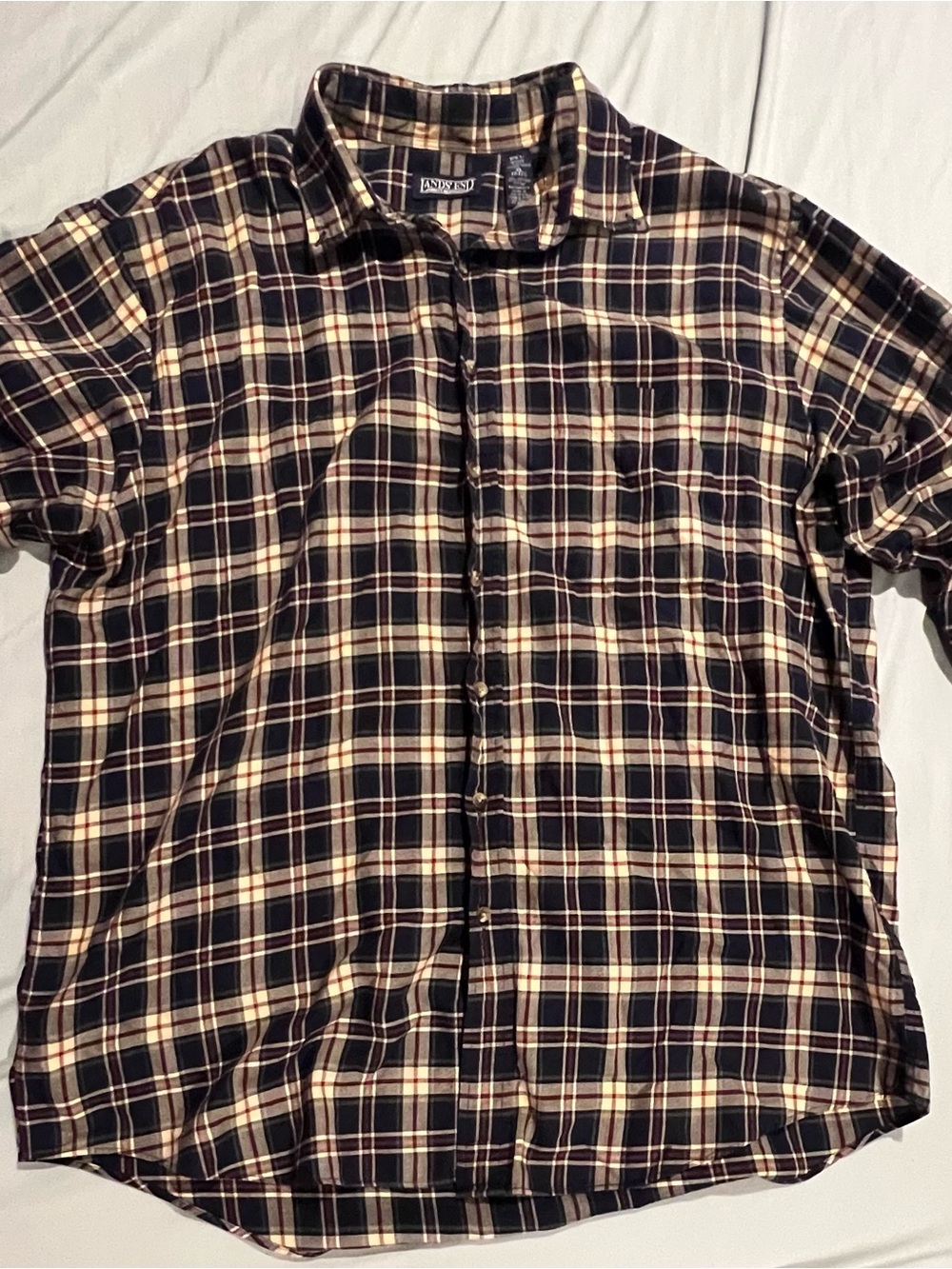 Lands' End Navy and Cream Plaid Button-Down Shirt